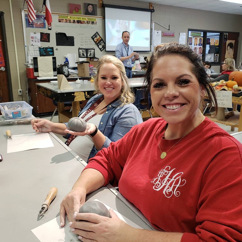 TWHS_ArtDept's tweet photo. Mr. Roberts hosted a clay pumpkin making workshop for teachers after school at the 9th grade campus. #ConroeCreates #CISDinspires @ConroeFineArts https://t.co/p1VsO4Mrs7