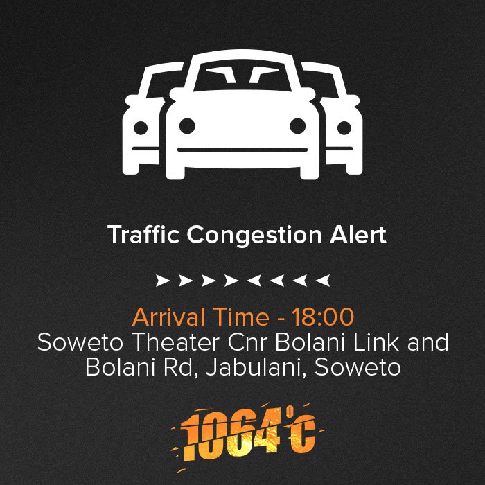 VusiThembekwayo's tweet photo. Reminder: Due to Soweto traffic plus roadworks on Bolani Road please add at least 30 minutes to an hour extra to your travel time.
See you soon!
#Liveat1064 https://t.co/ALZqSApHIB