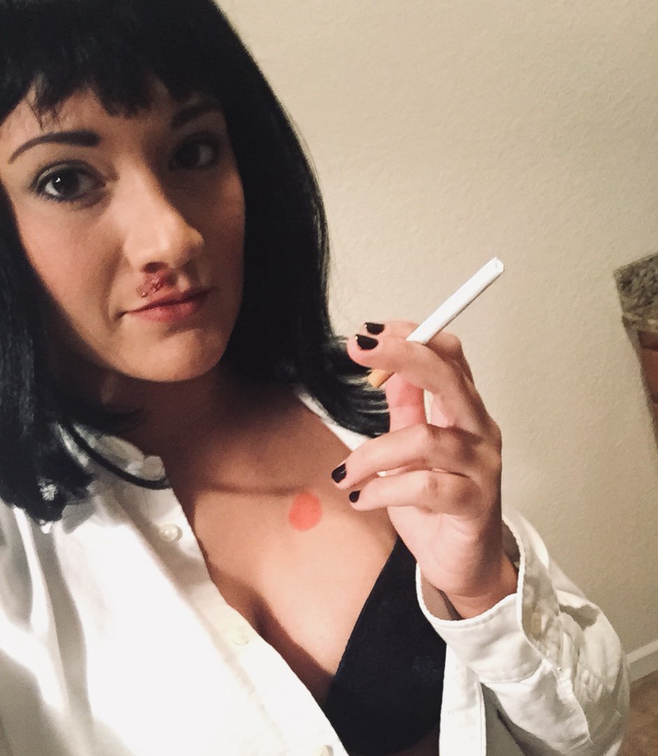 LittellKatie's tweet photo. @ds106dc One of my best Halloween costumes from the past. Any Pulp Fiction fans out there? #MiaWallace #tdc2479 #ds106 #digme256 https://t.co/JkZ0kDvYiP