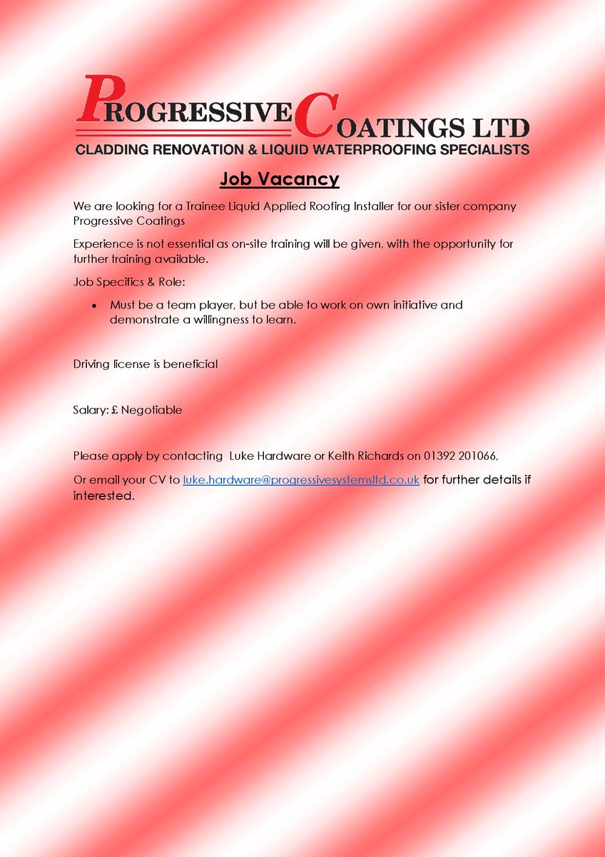 WE WANT YOU 👈🏼

We are looking for an enthusiastic person to join our site team in the role of a Trainee Liquid Applied Roofing Installer. 

If you are interested, please send me a message or email your CV to luke.hardware@progressivesystemsltd.co.uk