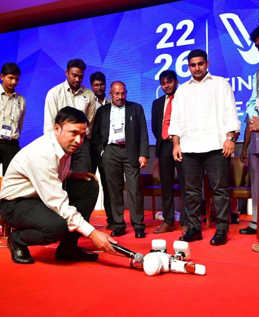 naralokesh's tweet photo. Hugely impressed by Nino, a humanoid robot developed indigenously by a Bengaluru-based startup Sirena Technologies. #VizagFintechFestival https://t.co/BFGisa3ym1