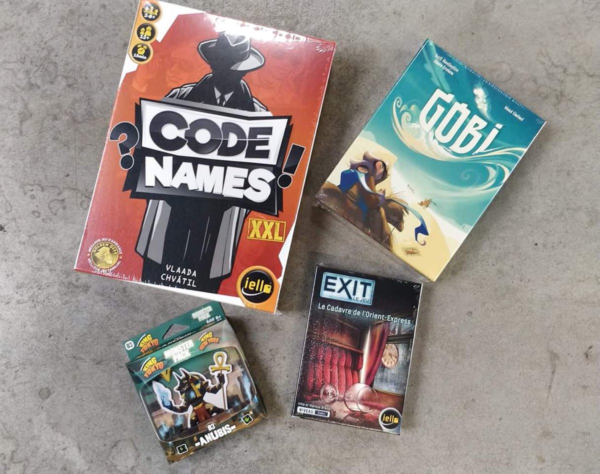 IELLO_France's tweet photo. Les 4 sorties de la semaine ! Codenames XXL, pour de grande partie. Gobi de chez @CapsicumGames, pour un désert plein de cadeaux. Anubis, pour des parties de King of Tokyo sous malédictions. Exit, Le Cadavre de l'Orient Express, pour un voyage énigmatique. #iello #jds https://t.co/PYLOzqzpEb