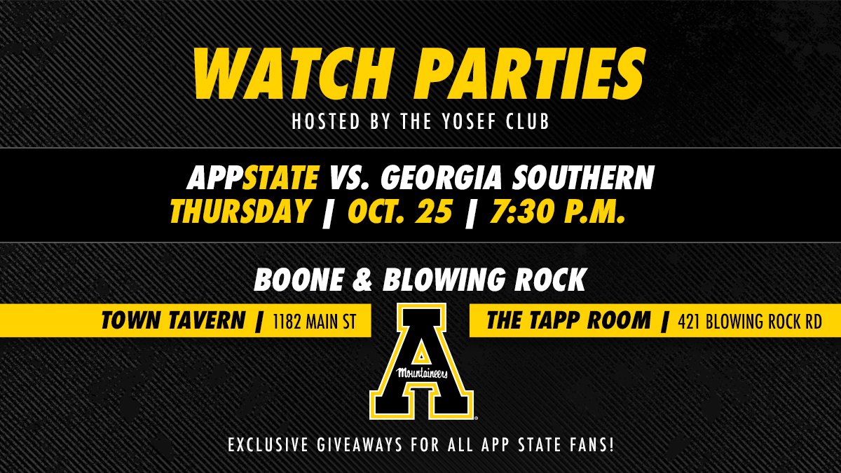 appstatesports's tweet photo. Don't forget about the local watch parties tonight at Ransom for students and at the @tApp_Room and @TownTavernBR for all App State fans! 🏈📺 #BeatSouthern @YOSEFCLUB @StudentYosef https://t.co/ZYZorcpVvr