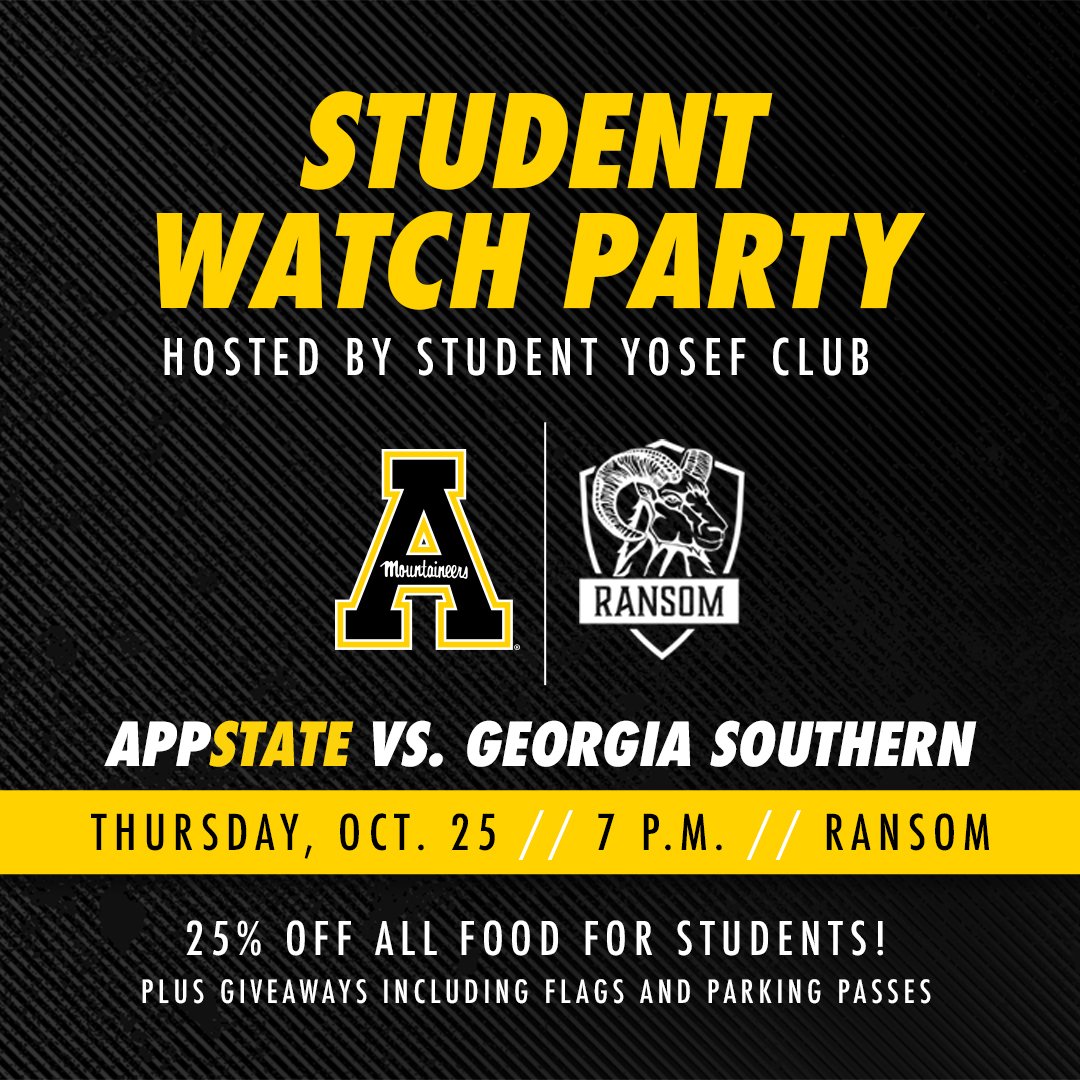 Don't forget about the local watch parties tonight at Ransom for students and at the <a href="/tApp_Room/">The TApp Room</a> and <a href="/TownTavernBR/">Town Tavern BR</a> for all App State fans! 🏈📺 #BeatSouthern @YOSEFCLUB <a href="/StudentYosef/">Student Yosef Club</a>