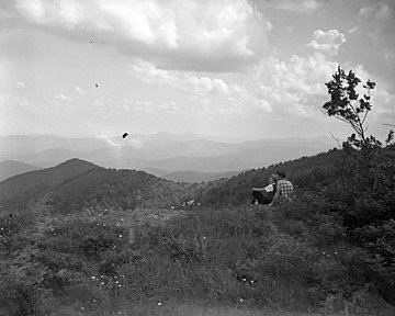 ncculture's tweet photo. #tbt to a 1940s couple taking in the view atop Mount Mitchell. Mount Mitchell State Park is still a popular place to take in the view of the Blue Ridge Mountains in North Carolina. https://t.co/c32hyQ8AXi