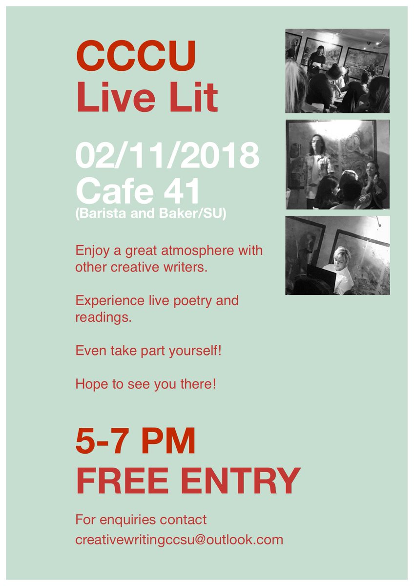 Come down to Cafe 41 on November 2nd for an evening of Live Lit!

If anyone wants to read their work, let me know in the comments or send a message to the email below.

#amwriting #writerslife <a href="/cwccsu1/">CreativeWritingCCSU</a> <a href="/writing_at_CCCU/">CreativeWriting CCCU</a> <a href="/christchurchsu/">Christ Church Students' Union</a> #creativewriting