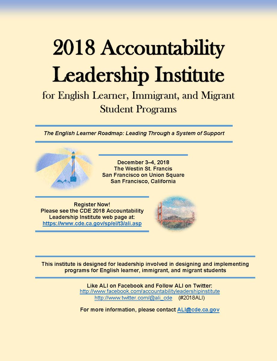 Don't forget to register to this year's Accountability Leadership Institute! We have an English Learner Roadmap event, dual language exemplary practices workshops and many more! <a href="/BiliteracySeal/">Seal of Biliteracy</a> <a href="/ali_cde/">ALI_CDE</a> <a href="/CADeptEd/">CA Department of Education</a>
