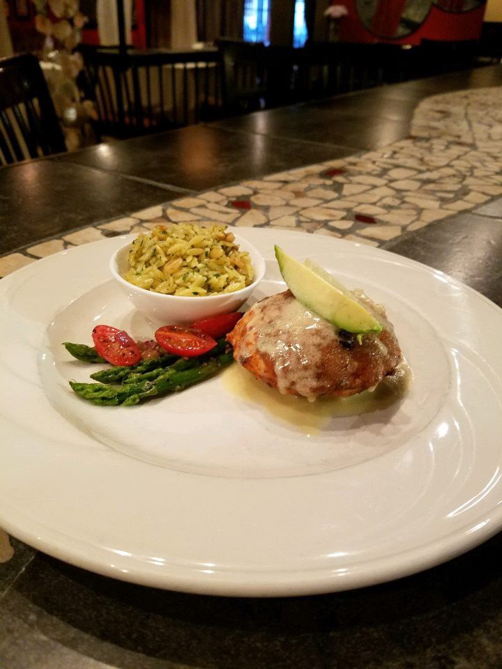 Thursday’s lunch feature: Blackened Salmon Croquette with Beurre Blanc and Avocado. Served with Orzo and Asparagus.