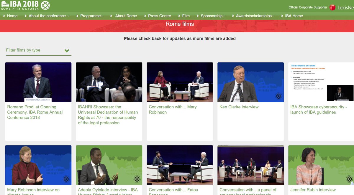 IBAnews's tweet photo. Catch up on filmed interviews and sessions from our recent Annual Conference - including Fatou Bensouda of @IntlCrimCourt, @MRFCJ, Ken Clarke, cybersecurity #ibarome https://t.co/8LB7IiAF9C https://t.co/qusabU5pKg