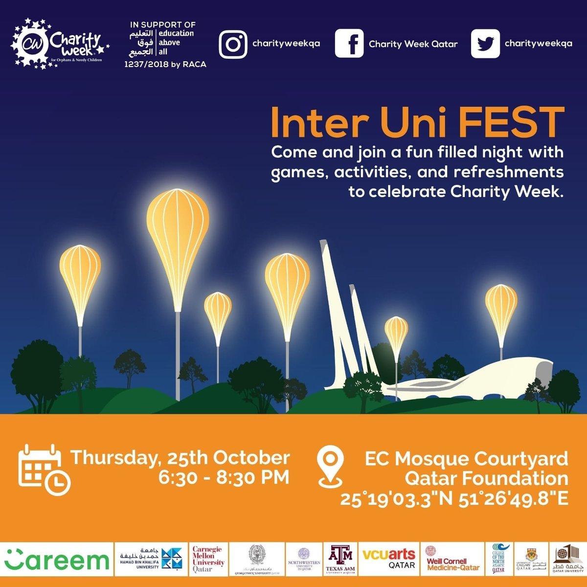 Please note that due to weather conditions today's Charity Week Inter Uni FEST has changed location to EC Mosque Courtyard in Education City. Apologies for any inconvenience! <a href="/CharityWeekQA/">Charity Week Qatar</a>