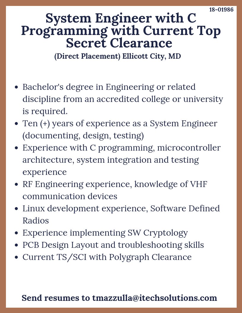 iTechSolutions_'s tweet image. We have an opening for a System Engineer with C Programming with Current Top Secret Clearance for a Direct Placement position in Ellicott City, MD. #SystemsEngineer #SysEngineer #SystemsEngineerJobs #SysEngineerJobs #C #CProgramming  #ITjobs #HotJobs

buff.ly/2CH3ZN7