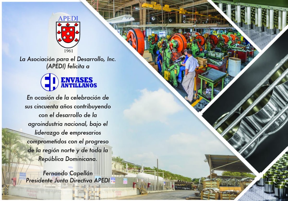 APEDIRD's tweet photo. Por motivo de los 50 años de @Envan_RD felicitamos esta gran empresa por sus años de contribución al desarrollo de la agroindustria nacional, al progreso de la región norte y toda la República Dominicana.
#Envan #EnvasesAntillanos #APEDI https://t.co/sSflshIbKk