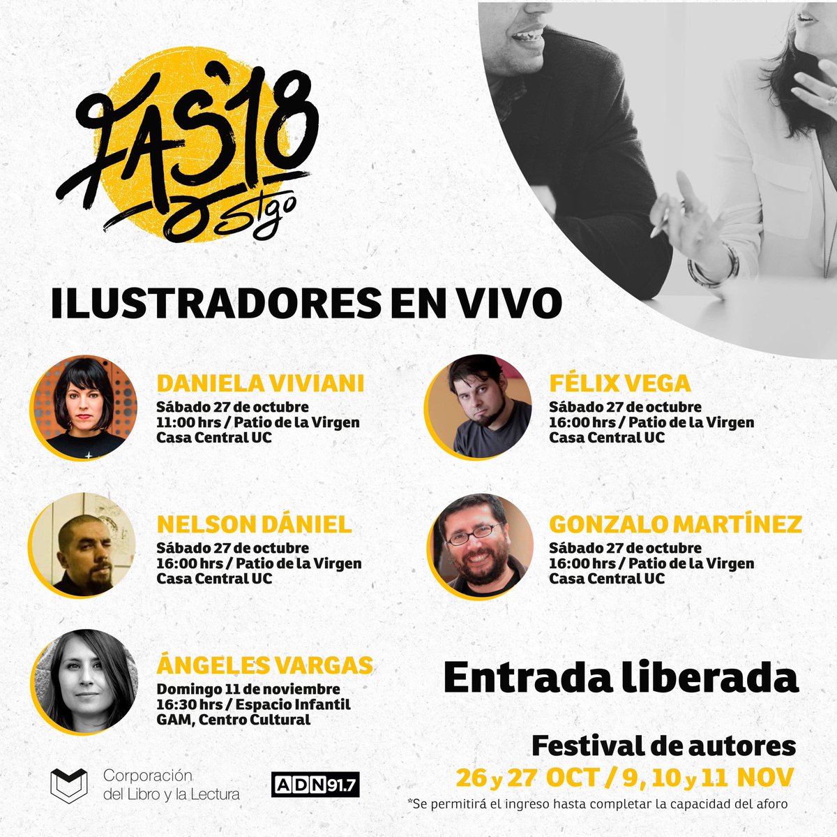 En el <a href="/festdeautores/">Festival de Autores</a> podrás disfrutar y presenciar a grandes ilustradores chilenos en vivo y en directo 😎 Revisa las fechas y horarios 👇🏻 #FAS2018 
.
<a href="/CabraLesa/">Daniela Viviani</a> <a href="/FelixBuscamares/">Félix Vega 🖌️</a> <a href="/nelsondaniel/">Nelson Dániel</a> <a href="/Gonzo_Martinez/">Gonzalo Martinez</a> <a href="/mangeles_vargas/">m. angeles vargas</a>