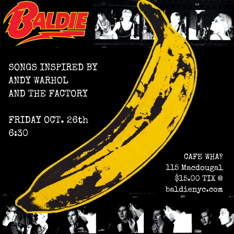 BlackBookMedia_'s tweet photo. To celebrate the new Velvet Underground exhibition in New York, come check out the awesome @BaldieBand doing a brilliant set of Warhol/Factory inspired tunes (Velvets, Bowie, Lou Reed) Fri 26th at @CafeWhaNYC – 630pm! @CafeWhaNYC
#warhol #velvetunderground #loureed #bowie https://t.co/AcfOIkeROO