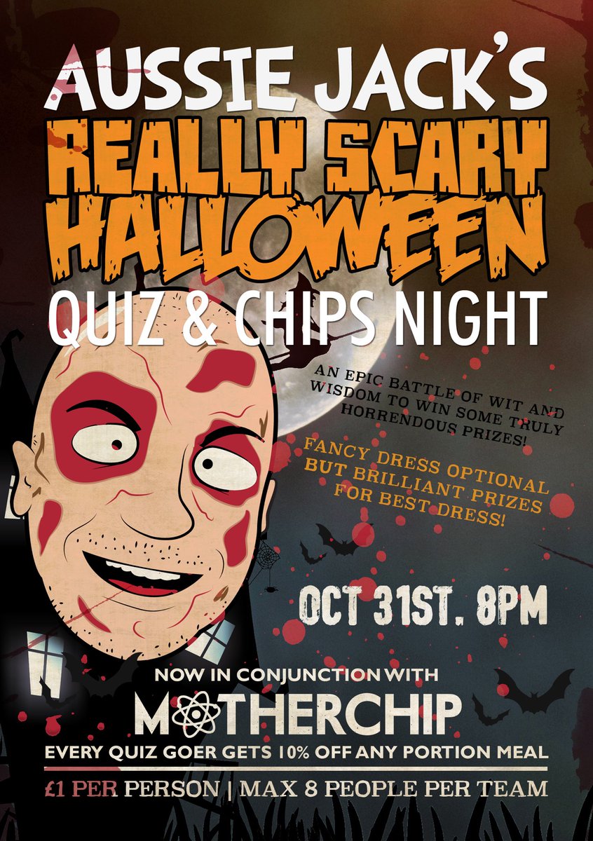 Hauntingly Good Halloween Gigs!

Sunday 3pm <a href="/TheLovinHandful/">The Lovin' Handful</a> Spooktacular! Cover yourself in fake blood &amp; dance to some scary skiffle! 

Next Wednesday 8pm - Aussie Jack’s REALLY SCARY Halloween Quiz and Motherchip Night! Fancy Dress optional BUT awesome prizes for best dress! 🎃