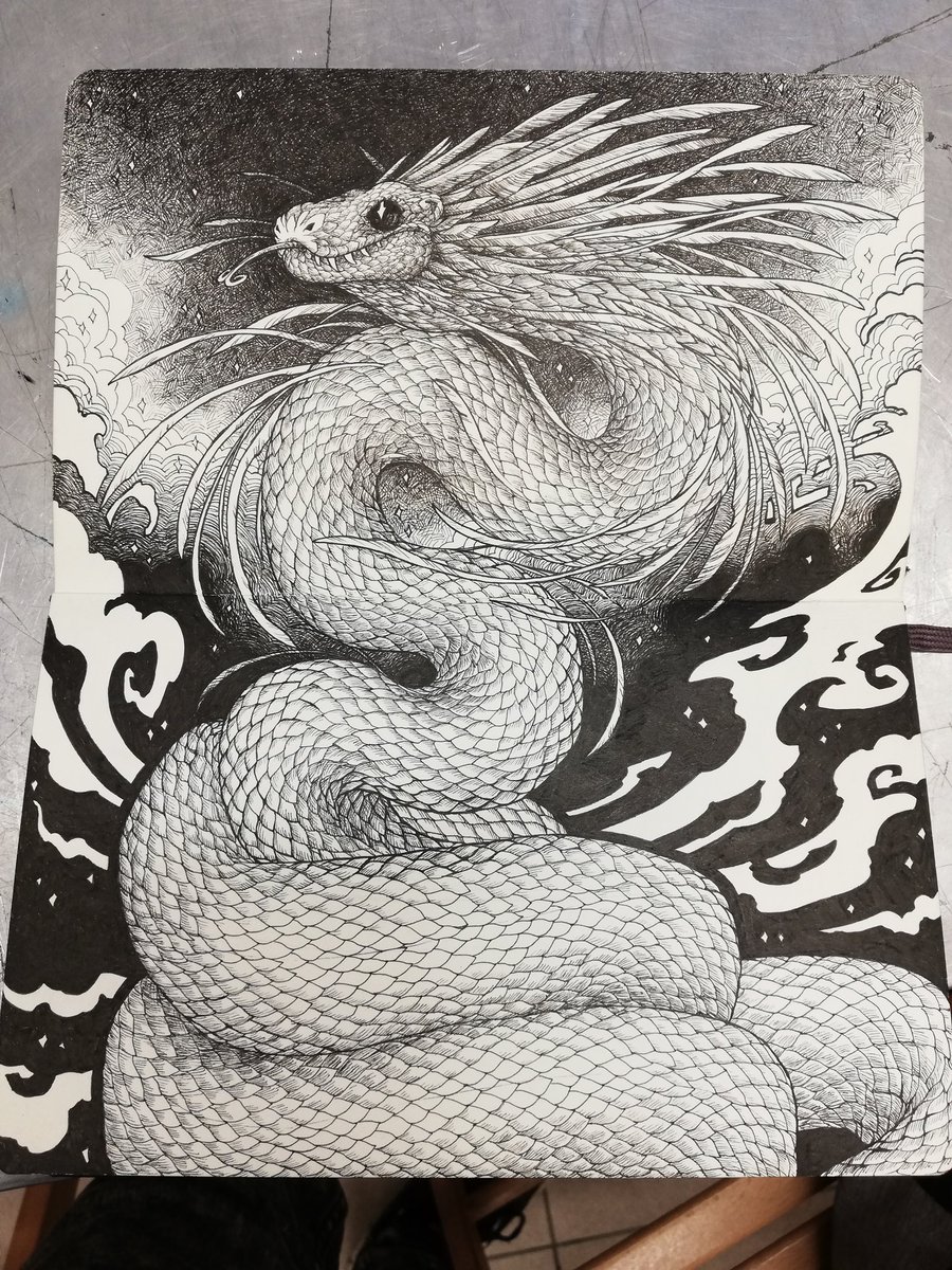 FuckieStorm's tweet photo. sneky snek. snektober. dream big. such might. #progress #helpimlost #quetzalcoatl #inktober https://t.co/9Mk8t5z9wV