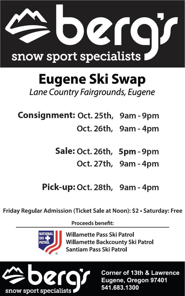 Eugene Ski Swap consignments start today, Thursday, Oct 25th. Consignment intake processing takes place Thurs 9am-9pm, &amp; Fri from 9am-4pm. Swap sales begin Fri October 26th at 5pm. Additional info at bit.ly/BergsEvents #ski #snowboard #sale #bergsevents #eugenelocal #bergs