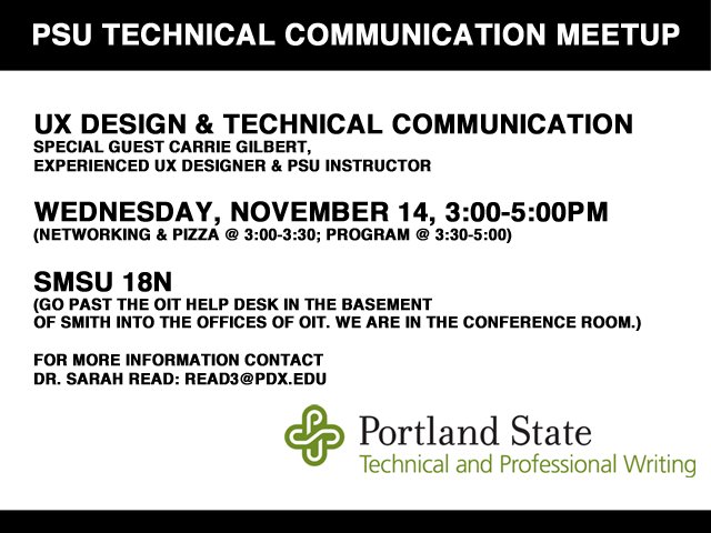 Interested in technical writing at PSU? Join us for our November meetup about user experience design and technical communication.