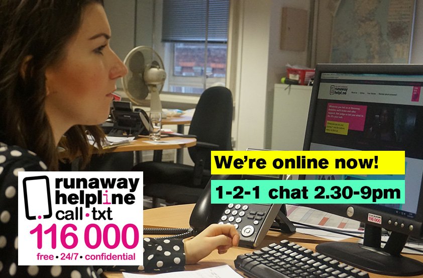Our 1-2-1 chat is open now! If you're aged 11-17 and in the UK, we can chat to you about anything to do with running away, whether you're thinking about it or are away from home now. Just click on the chat icon on our website: runawayhelpline.org.uk