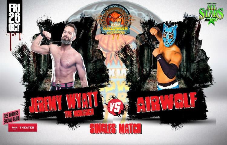 Tomorrow! First time match! @jeremywyatt1 vs @officialairwolf ! See it at the Des Moines Social Club’s Kum & Go Theater in downtown Des Moines, IA! Buy tickets: https://m.bpt.me/event/3590104