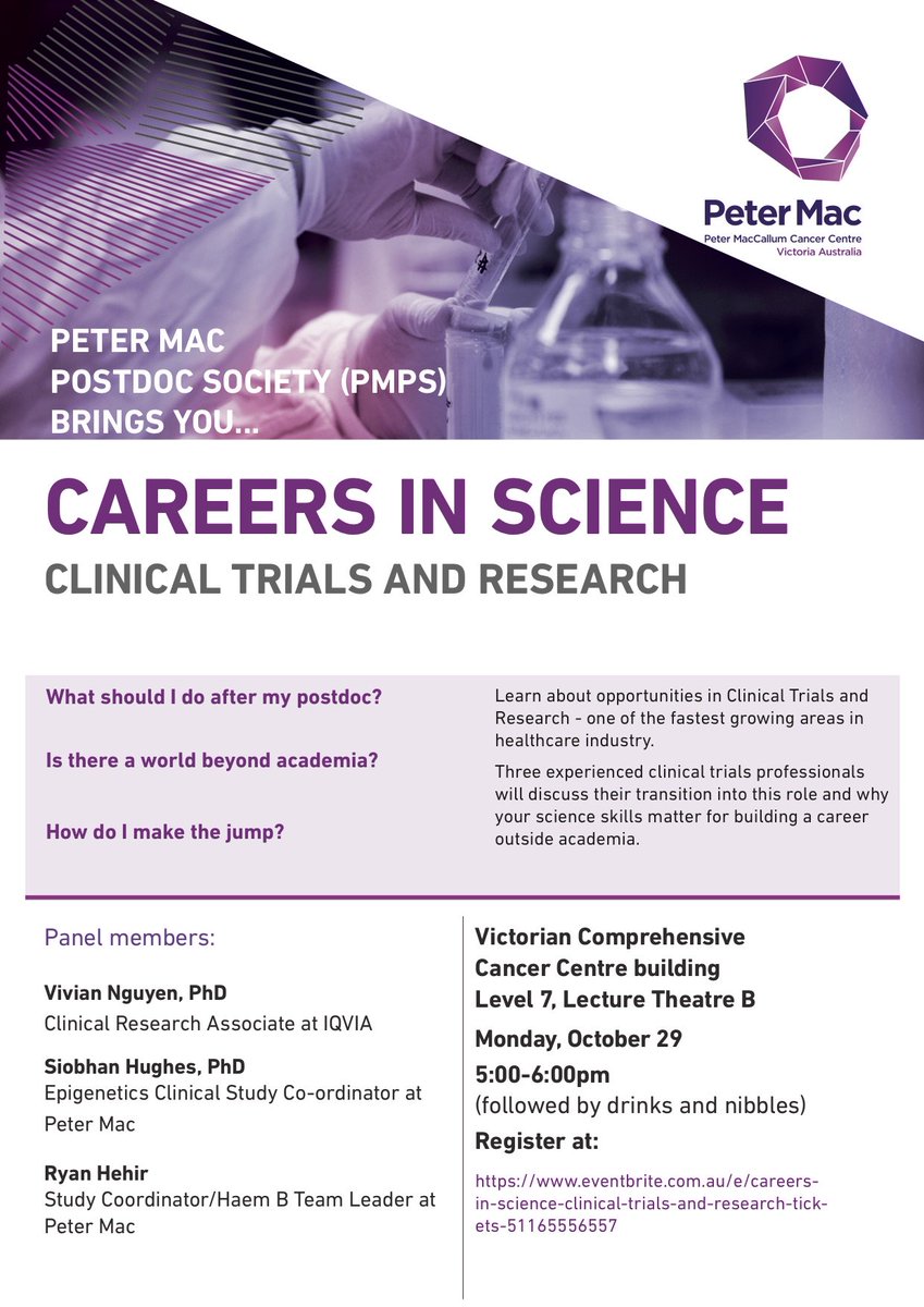 Calling all Parkville Postdocs! Don't forget about our Careers in Science Series that is happening on Monday 29 October at 5:00PM at the @VicCompCancerCr. We are highlighting careers in clinical trials and research. <a href="/WEHI_Postdocs/">WEHI Postdocs</a> <a href="/Florey_postdoc/">FPA</a> <a href="/UniMelbMDHS/">UniMelb MDHS</a> @UMCCR