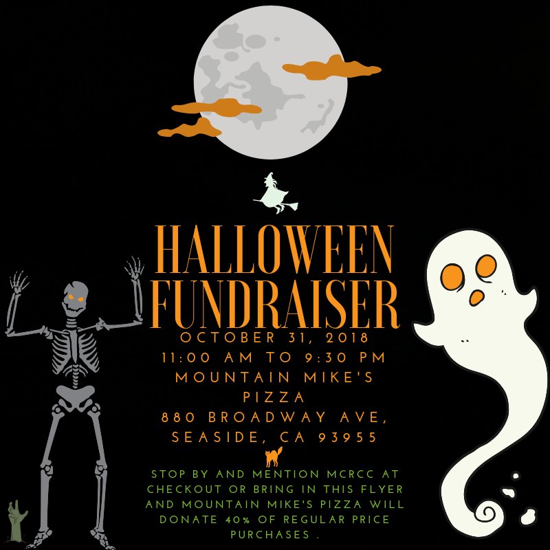 ... at checkout and Mountain Mikes Pizza will make a generous donation of 40% of your order. MCRCC will have an informational table there with a Halloween candy bowl. 
#mcrcc #halloween #mountereycounty #seaside #pizza #fundraiser