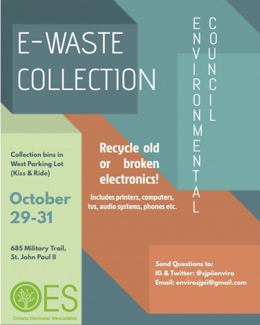 SJPIIEnviro's tweet photo. Looking for a place to get ride of old and broken electronics? EC is having an E-Waste collection from October 29-31🔌
The bin will be in the west parking lot (kiss-and-ride). https://t.co/QUQtOnzfh1
