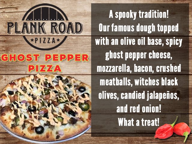 PlankRoadPizza's tweet image. Only a few more days to order the October special! #ghostpepper #pizza #spicypizza #artisanpizza #eatlocal #keepcottlevillecool
