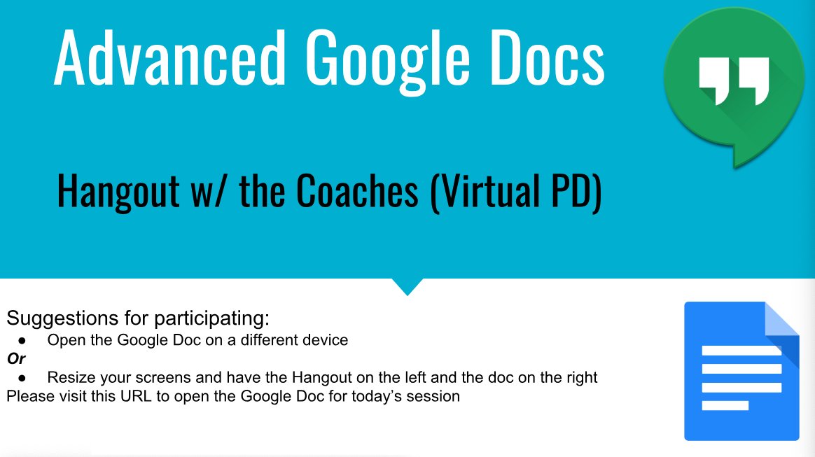 LUSDDigital's tweet photo. We held our first "Hangout w/ the Coaches: Virtual PD" today using @googlehangouts_ with a focus on the advanced features of @GoogleDocs (bookmarks, Explore, and more) Always exploring new ways to reach our Ts with #edtech. #alwayslearning #lusdtechtips @Sandra_LMU @kab_graham https://t.co/rzdY56Pg4T