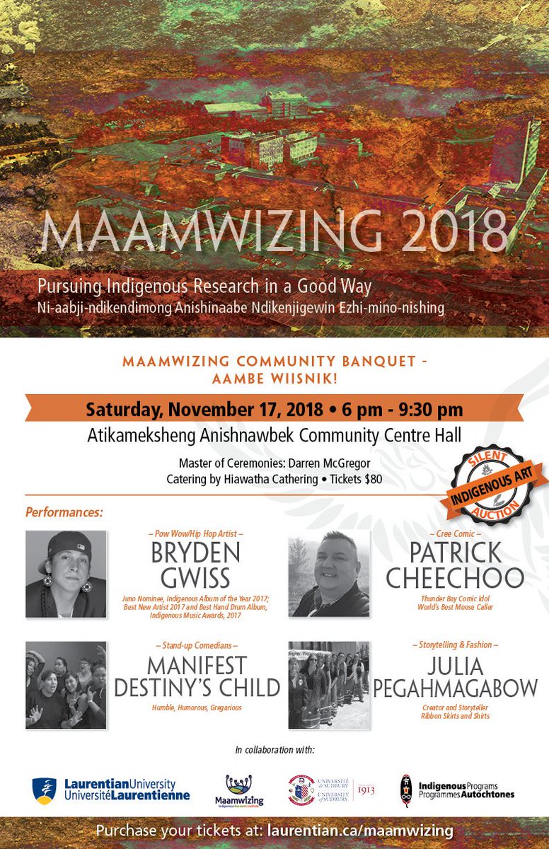 Maamwizing2018's tweet photo. We now have the option of purchasing whole tables (up to 8 people per table) for the #2018Maamwizing Banquet November 17th! Purchase one now on Eventbrite, no conference registration required to attend! https://t.co/F03bk8XGel #indigenousconference https://t.co/qOgui2GnWj