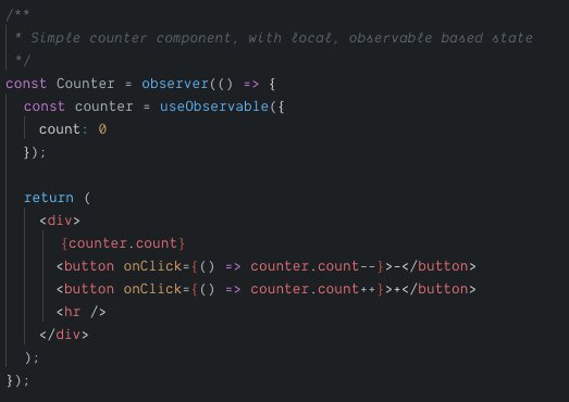 mweststrate's tweet image. Ok, @reactjs hooks are really killing it. Re-implemented the mobx-react bindings in 16 LOC with hooks: codesandbox.io/s/k2vmjpqvnv #ReactConf2018. So. Much. Cleaner. Can hardly express how much messy stuff this fixes... 👏👏🏅🏅👌👌💸💸🧙🧙