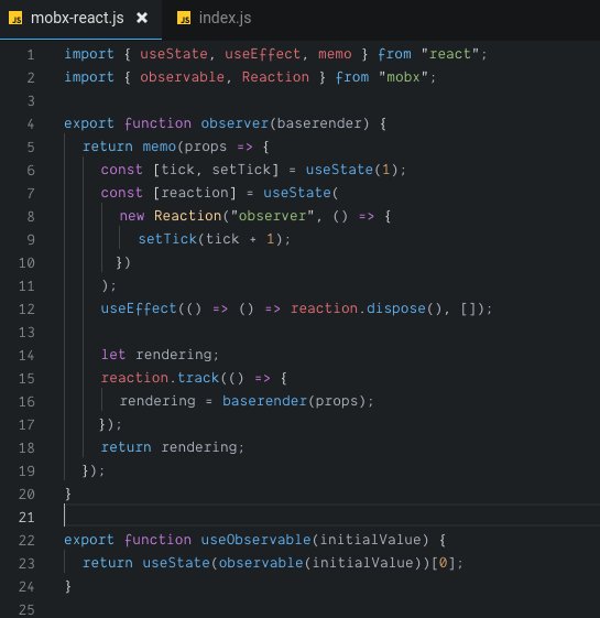 mweststrate's tweet image. Ok, @reactjs hooks are really killing it. Re-implemented the mobx-react bindings in 16 LOC with hooks: codesandbox.io/s/k2vmjpqvnv #ReactConf2018. So. Much. Cleaner. Can hardly express how much messy stuff this fixes... 👏👏🏅🏅👌👌💸💸🧙🧙