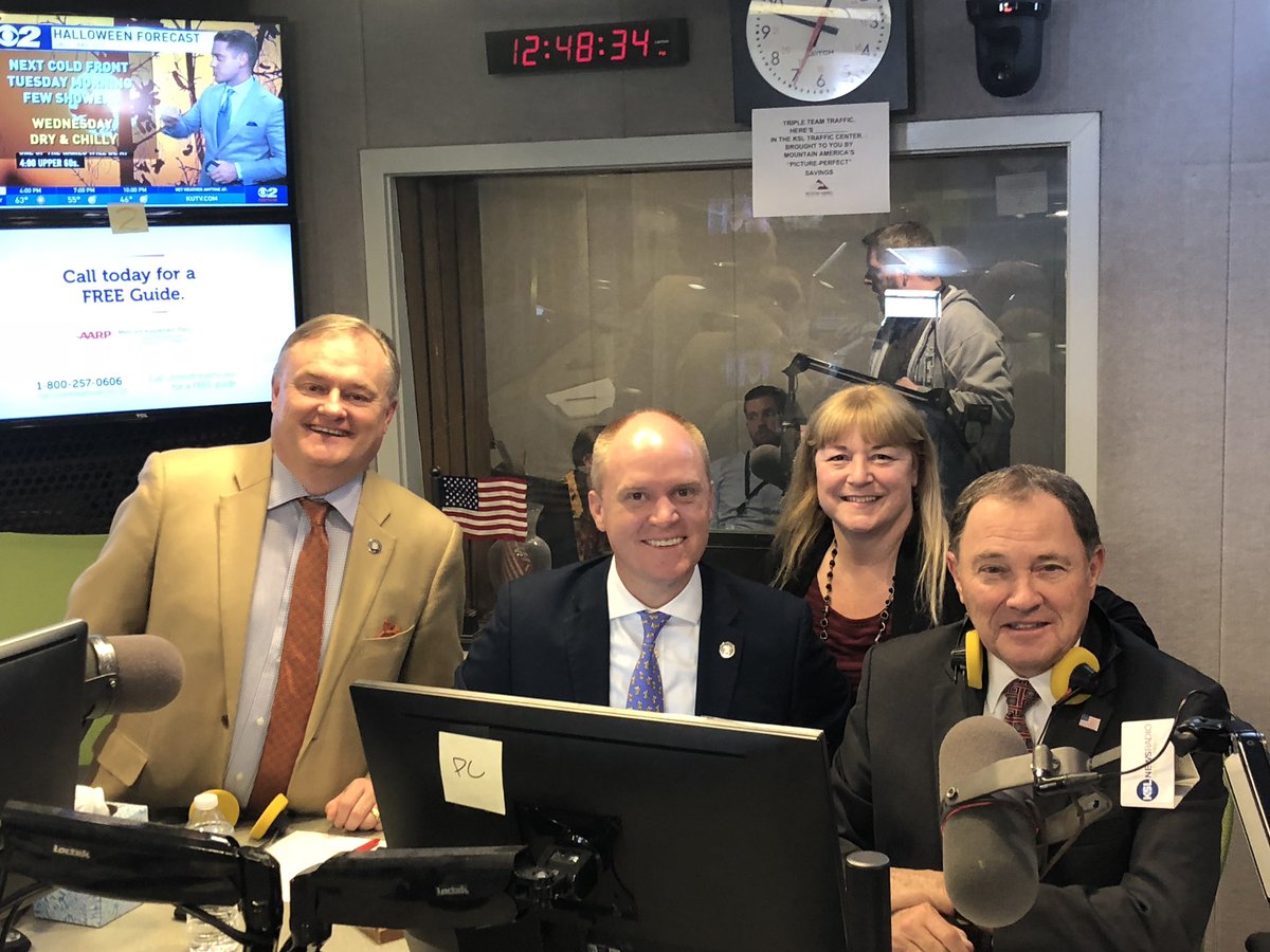 MikeLMower's tweet photo. With @GovHerbert at @kslnewsradio and “Let Me Speak to the Governor” with Maria Shilaos. As soon as today’s show ends, this KSL Radio studio will be torn down and remodeled. #utpol #ksl #goodbyestudio. https://t.co/EwyffC8ByV