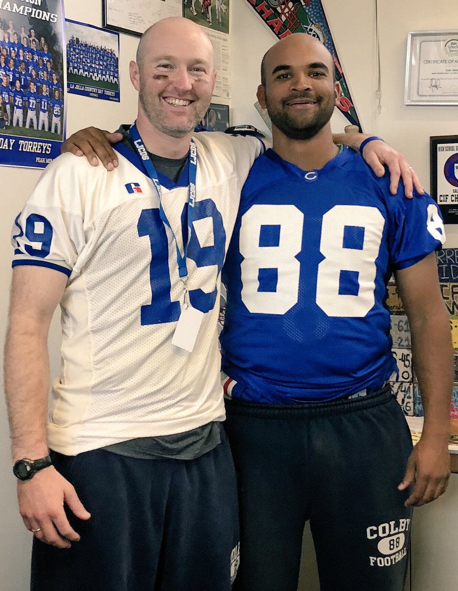 coach_hales's tweet photo. Coach Dow and I are rocking our @Colby_Football jerseys and sweats for #SpiritWeek jersey day @LJCDS @TORREYFOOTBALL!#BlueTeamPride #GoMules #WRvsDB #TorreyPride https://t.co/FBLxDcAnaE