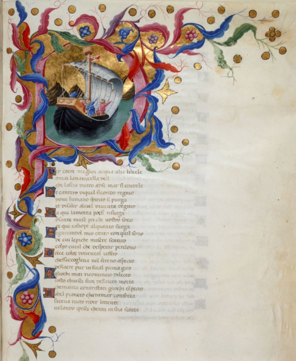 red_loeb's tweet image. "To run through better waters the little ship of my wit now hoists its sails, leaving behind it a sea so cruel,
and I will sing of that second realm..." Canto 1 Purgatorio

Yates Thompson MS 36; 1444-c 1450; Dante Alighieri, Divina Commedia; f.65r @BLMedieval