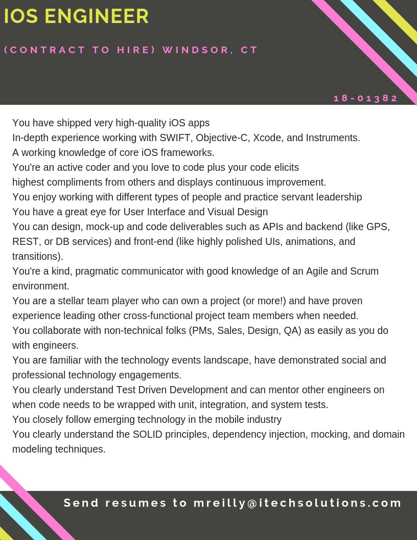 iTechSolutions_'s tweet image. We are looking for an iOS Developer for a Contract to Hire position in Windsor, CT. #iOSDeveloper #iOSDev #iOSDeveloperJobs #iOSDevJobs #iOS #iOSJobs #ITjobs #HotJobs

buff.ly/2n8nAws