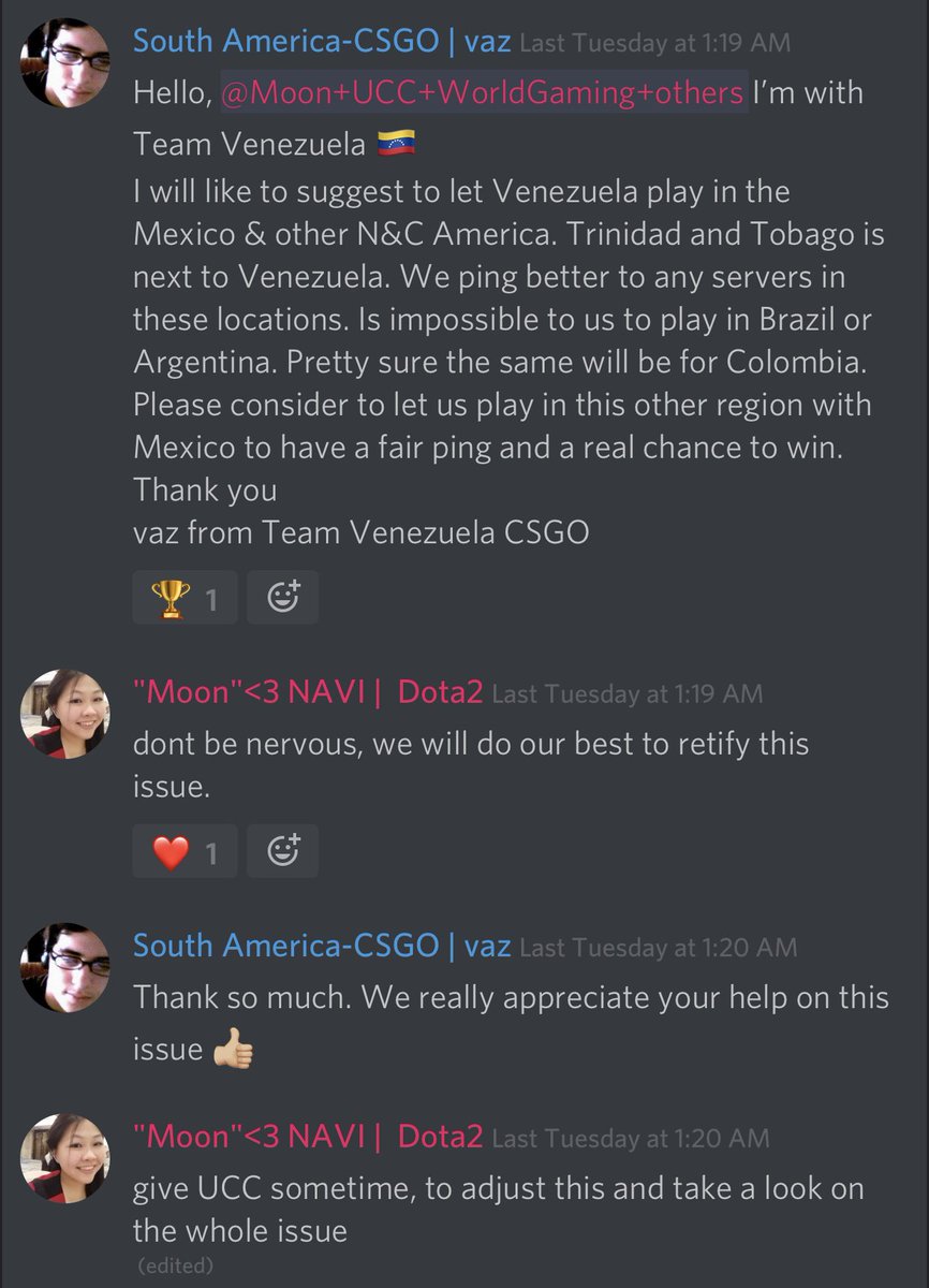 SeleccionVzlaCS's tweet photo. Desde acá el equipo a través de @vazCSGO discute la posibilidad de reacomodar la distribución de las regiones para que los equipos del norte de América Latina puedan competir en igualdad de condiciones. Gracias @WESGcom, esperamos su decisión.
_________
#CSGOVenezuela https://t.co/tkvRxrwmGM