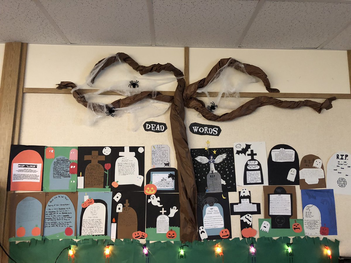 MsWintermyer's tweet photo. A little October fun! My Ss took overused, vague words and “buried them” which included writing an obituary with stronger, more descriptive words they could use in their writing instead. #SVSDEmpowered #writing #creative #spooky #justforfun #butstilllearning #crafty https://t.co/ucwaeoKxAH