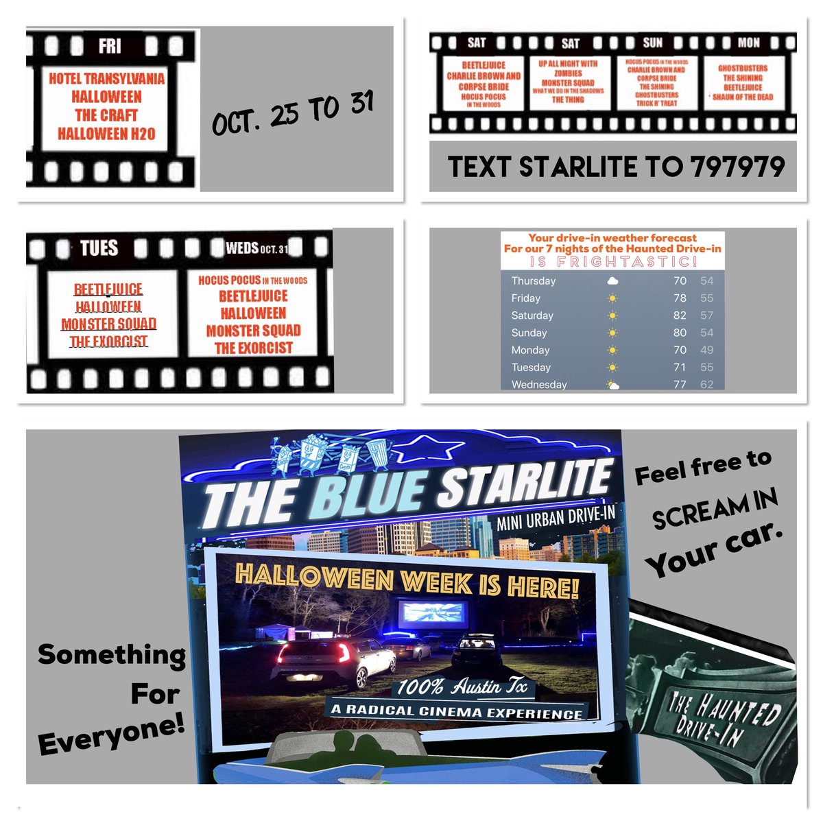 UrbanDrivein's tweet image. The Haunted Drive-in Halloween week is here. It’s gonna be a real scream. #Bluestarlite #halloween #forthewin #atx blueStarlitedrivein.com text Starlite to 797979