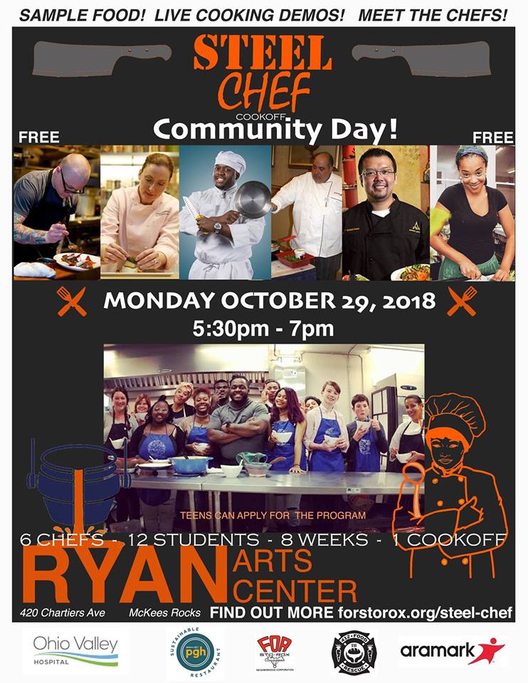 Join <a href="/FocusOnRenewal/">Focus On Renewal</a> for Steel Chef Community Day <a href="/RyanArtsCenter/">RyanArts & Sto-Rox Library</a> this coming Monday, 10/29! Come sample food, check out live cooking demos &amp; meet the #chefs! The program is free, but please RSVP at:
facebook.com/events/3541965… <a href="/ohiovalleyh/">OhioValleyHospital</a> <a href="/412FoodRescue/">412 Food Rescue</a> <a href="/Aramark/">Aramark Corporation</a> #SteelChefPgh