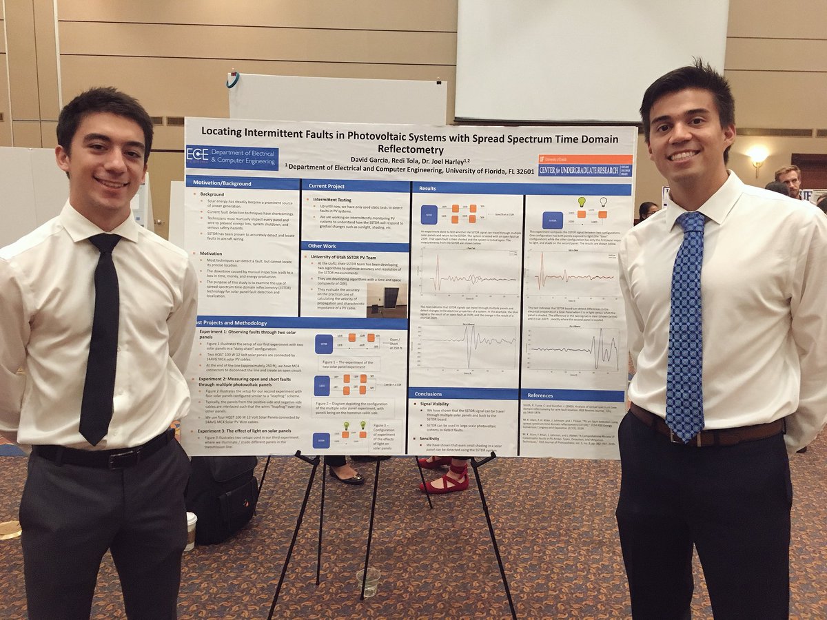 Proud of our undergraduate research students Redi Tola and David Garcia for presenting at the Undergraduate Research Symposium! They presented their work on locating intermittent faults in solar panels using SSTDR technology. ☀️ #research #UF #ECE #SSTDR