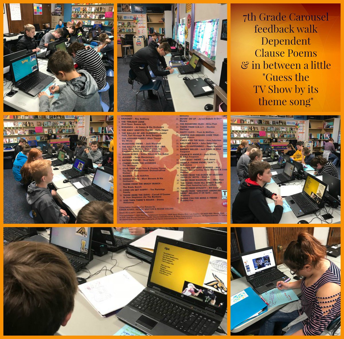 LMSWriting's tweet image. Carousel feedback on our dependent clause poems - throw in some TV theme songs and it's a fun time!  No one knew "I Love Lucy" or "I Dream of Jeannie" but everyone got the "Dukes of Hazard" #rollmules #lathropmiddleschool