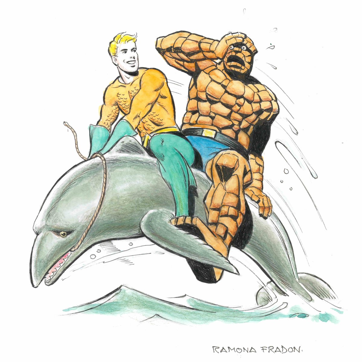Yesterday, I received a commissioned art piece I ordered from #RamonaFradon. The only direction I gave was to ask for a piece featuring #Aquaman and #TheThing/#BenGrimm. Beyond that, I just encouraged her to have fun with the piece. I think she did that, how about you?