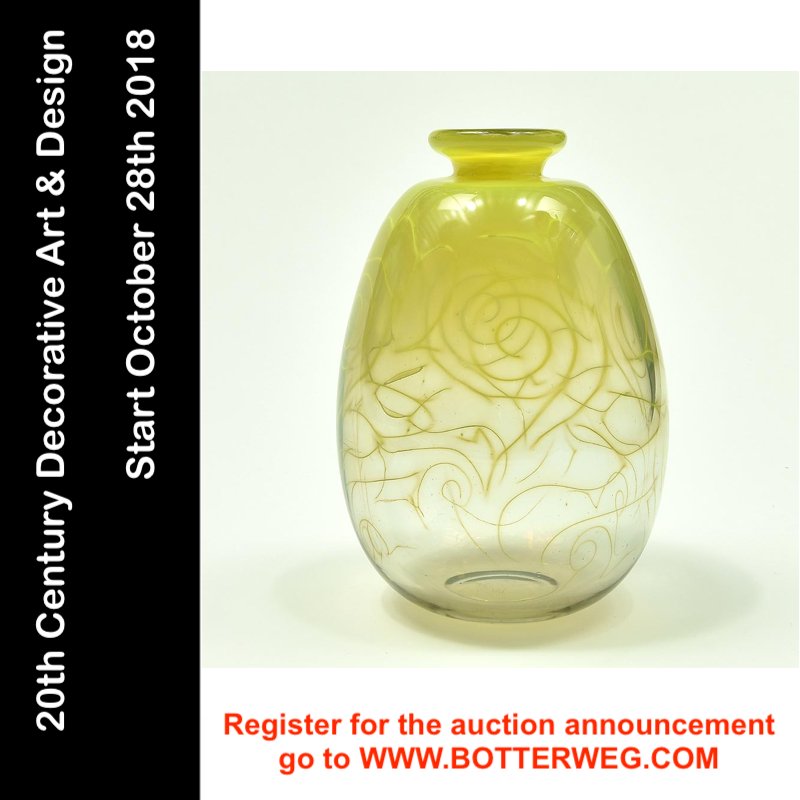 botterweg's tweet photo. Freeblown, shaped Unica vase (V 64), clear to yellow fading glass with yellow spirals, design A.D. Copier 1943, by Glasfabriek Leerdam / the Netherlands.

You can register here: https://t.co/079BwEtDmu
⠀
#botterweg #botterwegauction #botterwegauctions #unicavase #unica #adcopier https://t.co/BfuKzsKC78