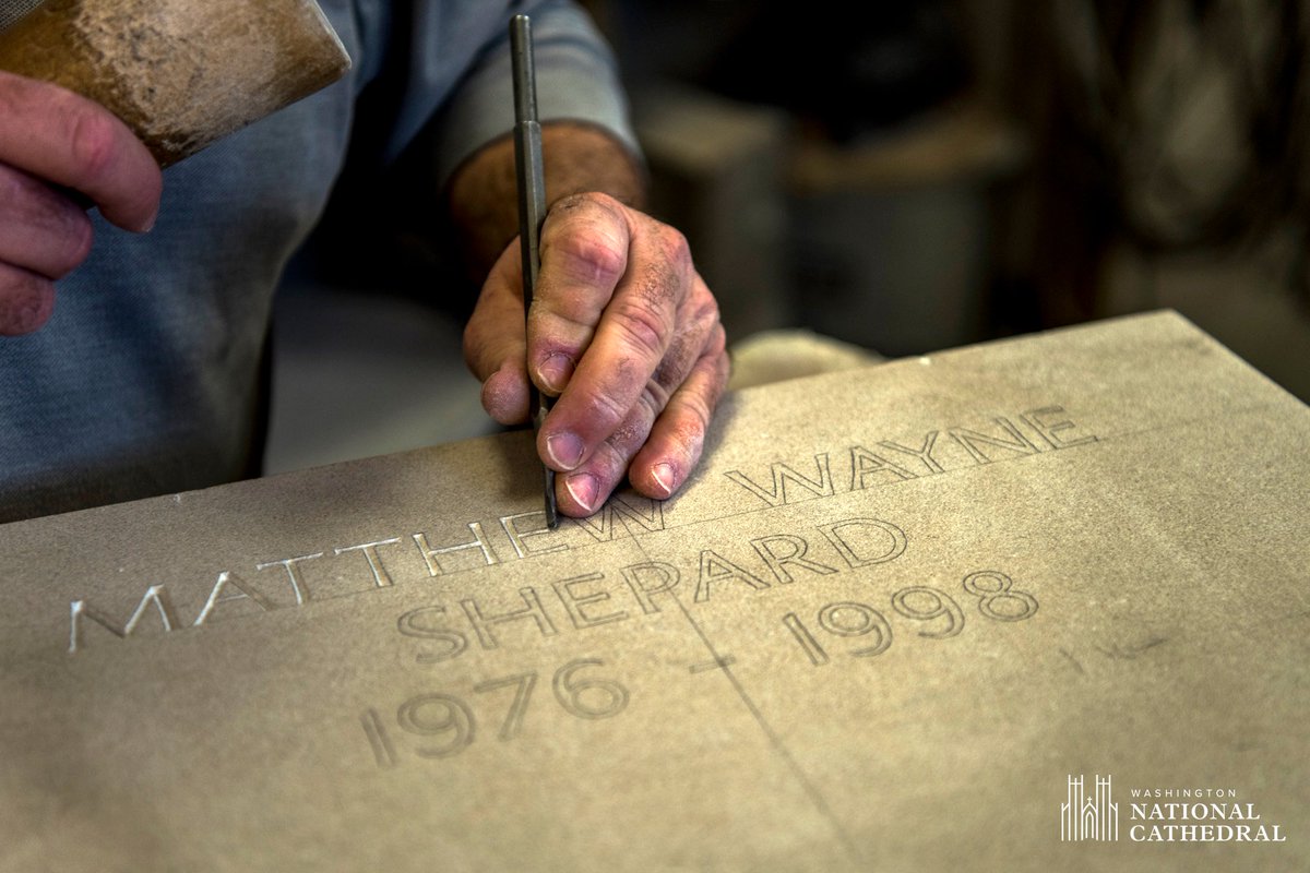 WNCathedral's tweet image. Cathedral stone carver Sean Callahan prepares the memorial tablet for #MatthewShepard ahead of Friday's interment at @WNCathedral. 

If you can't be at the service, join us online at cathedral.org/matthewshepard