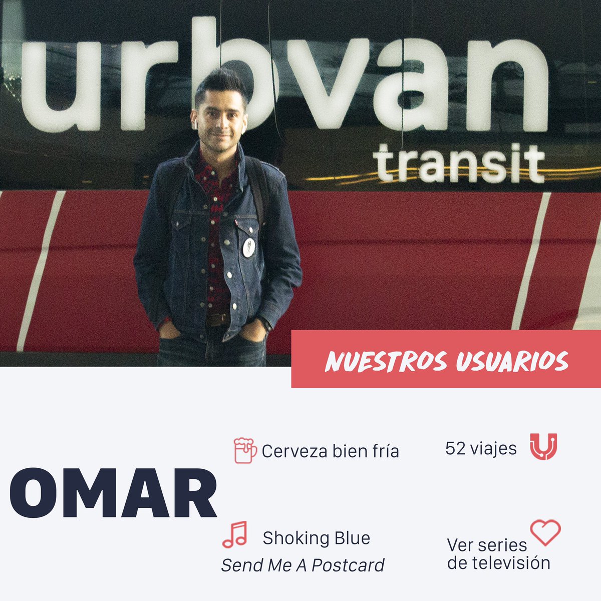 Urbvan_Mexico's tweet photo. ¡Conoce a nuestros usuarios!

Te presentamos a Omar, su bebida favorita es la cerveza bien fría 🍻 y le encanta ver series de televisión de camino a casa 📺 https://t.co/nSHd5szwZJ