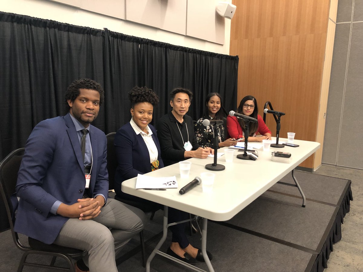 REXforYouth's tweet photo. Our beautiful closing panel today at #KtA2018: @CyrilCromwell, Shantel Hyndman, @RandyTerada, Rahman Siad Togane, and @mbernard14 talk about what #youthwork is in Ontario! #RealTalk https://t.co/YgRgaIohLG