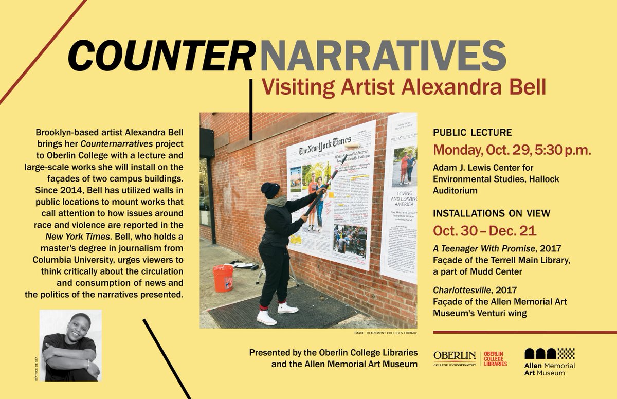 ObieLib's tweet photo. Counternarratives and Alexandra Bell coming to Oberlin College. Come to her lecture on Oct. 29 and see her art installation between Oct 30 and Dec. 21 #AllenArtMuseum #TerrellMainLibrary #Oberlincollegelibraries https://t.co/K36CtnQBZR