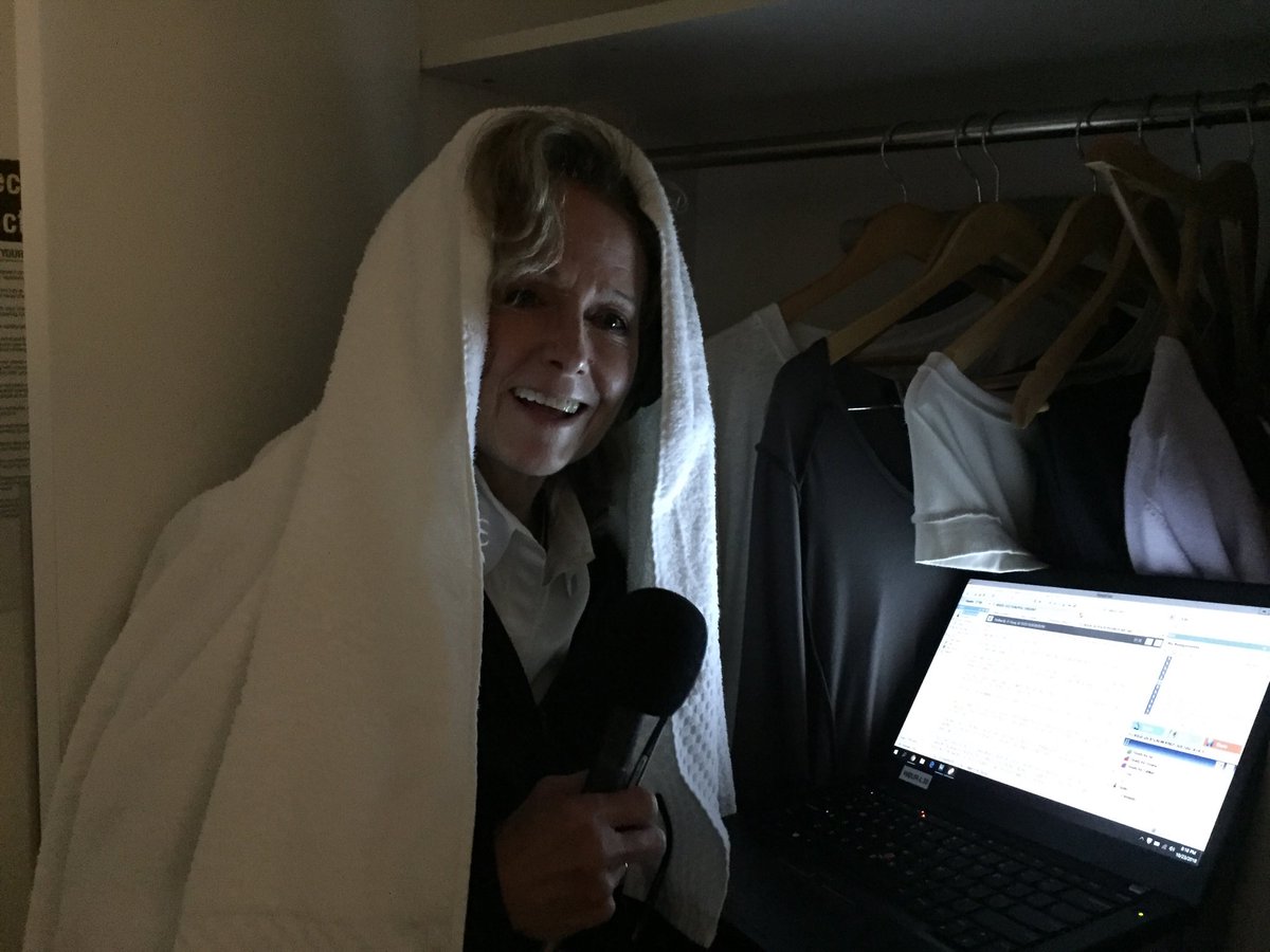 KBMM's tweet image. When it's midnight and you're tracking the next day's ⁦@hereandnow⁩ segment in the closet with ⁦@hereandnowrobin⁩ who is muting sound with a towel on her head. Thanks for hosting ⁦@WFSUmedia⁩! #ElectionRoadTrip #LateNightRadio #TimeForNap