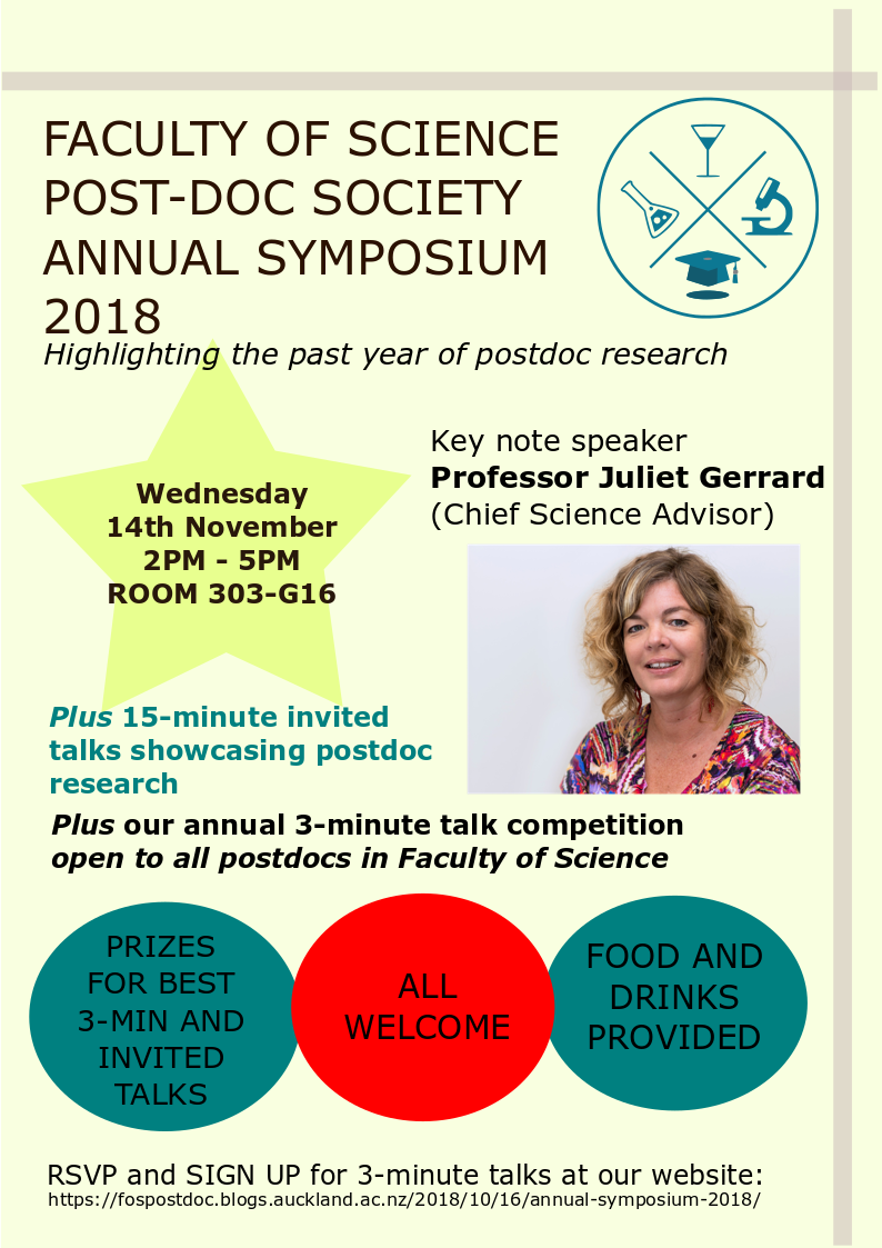 Announcing our 3rd Annual FoS Postdoc Society Symposium coming up on 14th November, see our website for more details: fospostdoc.auckland.ac.nz/2018/10/16/ann… Postdocs and ERCs don't forget to sign up for 3-minute talks!